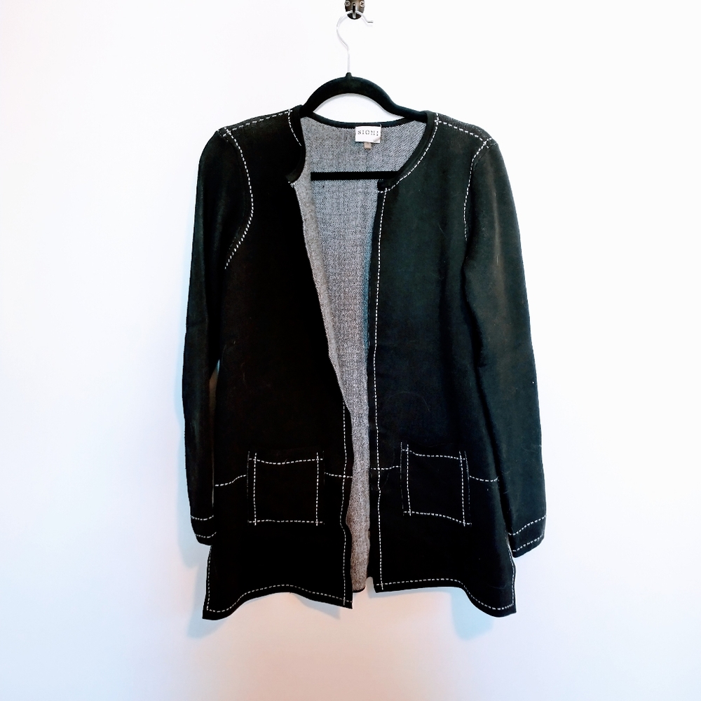 Sioni black cardigan with contrast stitching size small with front pockets.  Mil